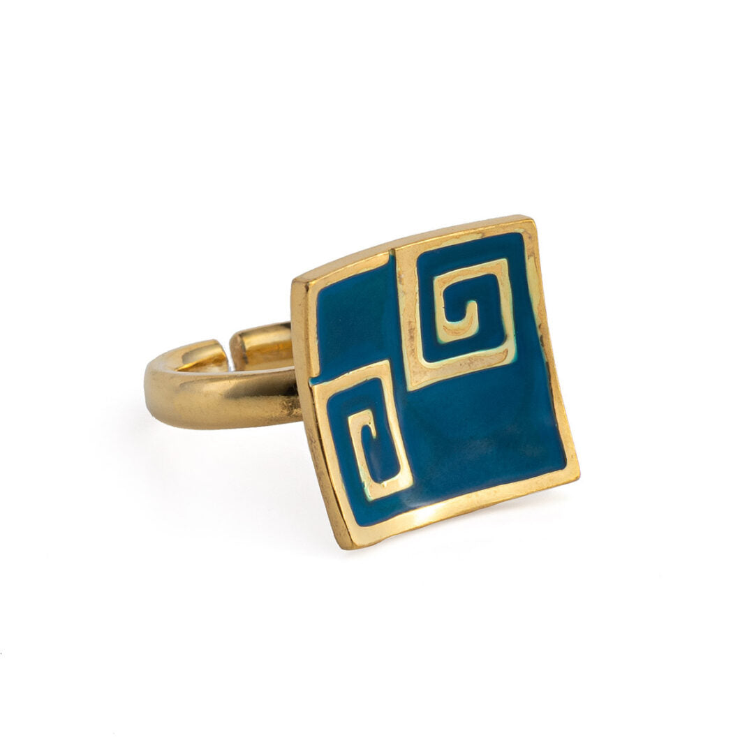 Meander Square Ring with Enamel - 925 Sterling Silver Gold Plated