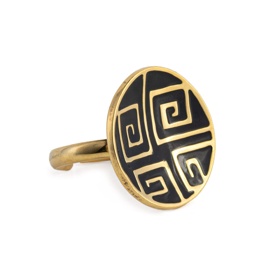 Meander Round Ring with Black Enamel - Gold Plated