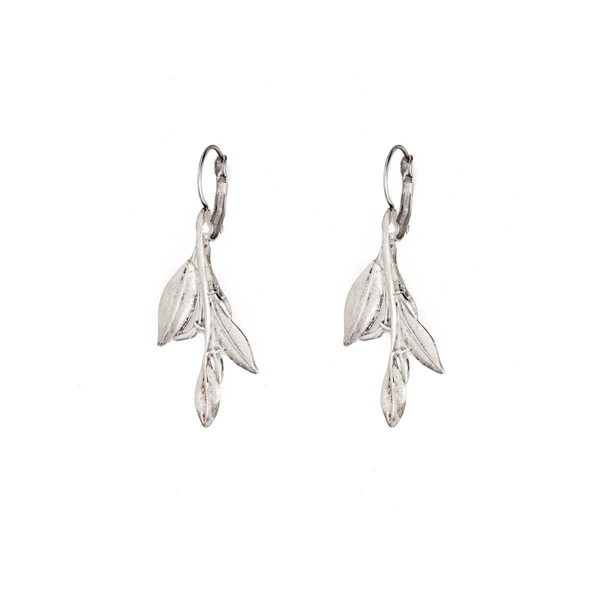 Olive Leaves Dangle Earrings - Pewter Silver Plated
