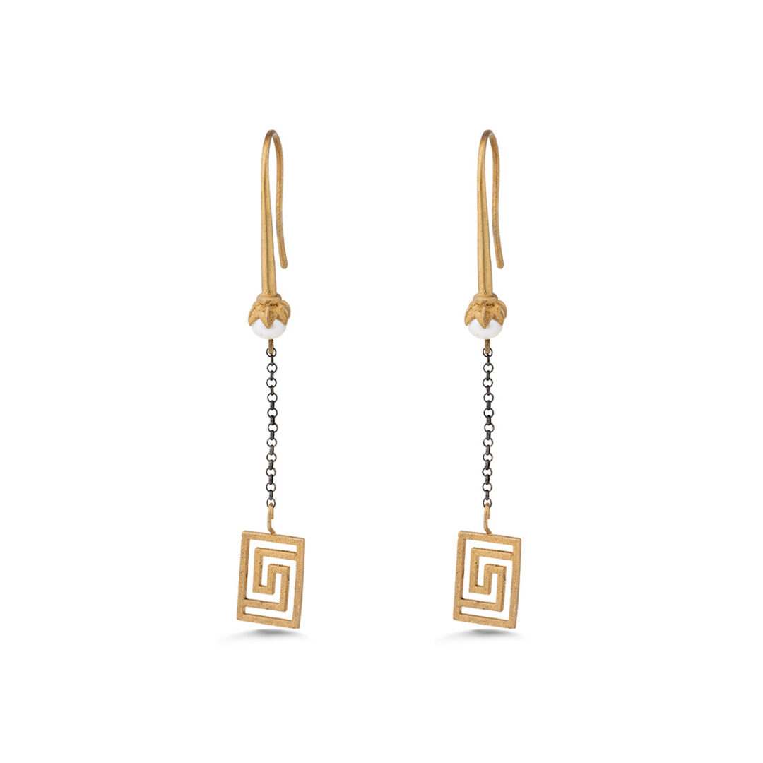 Greek Key Dangle Earrings with Pearl