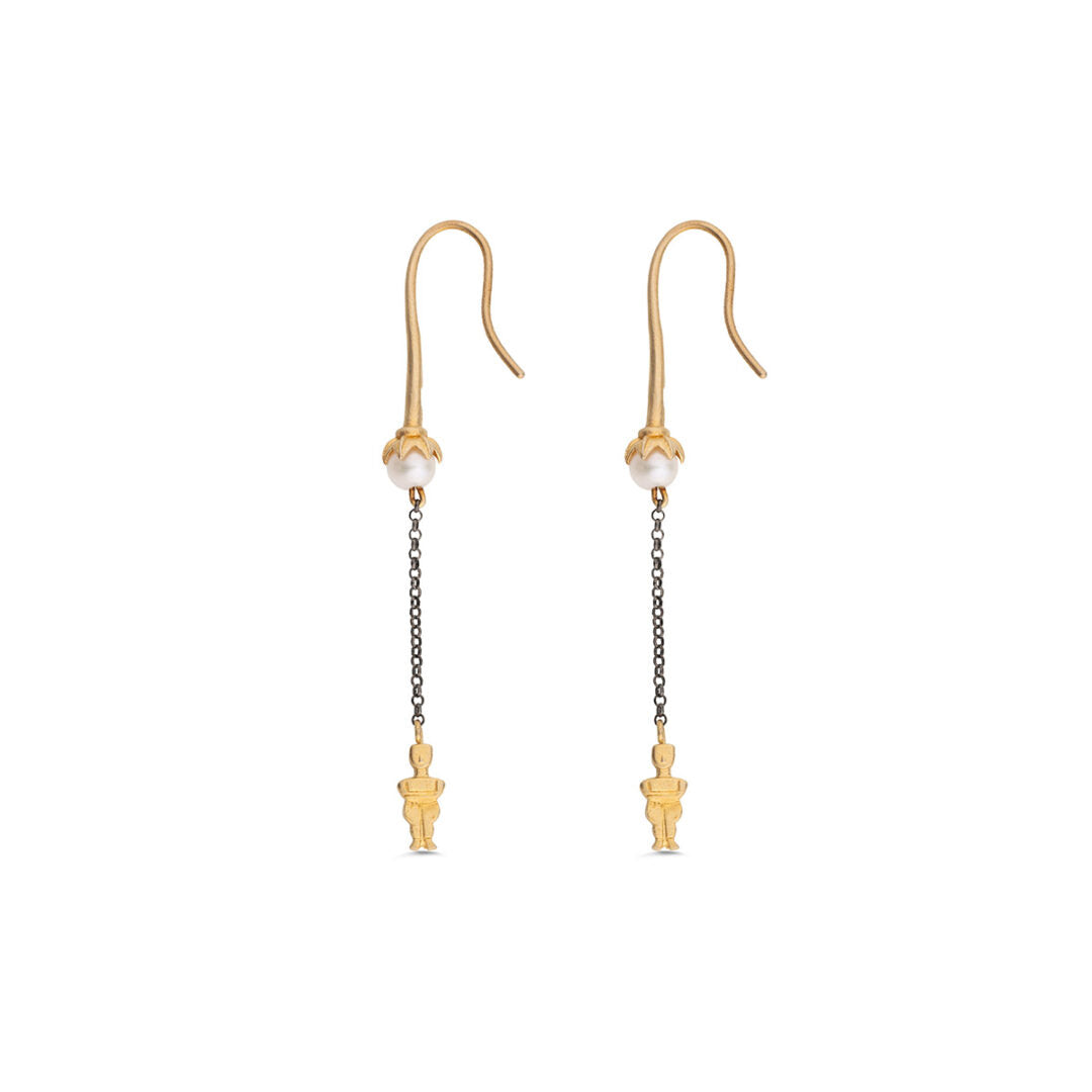 Sterling Silver Cycladic Idol Pearl Dangle Earrings