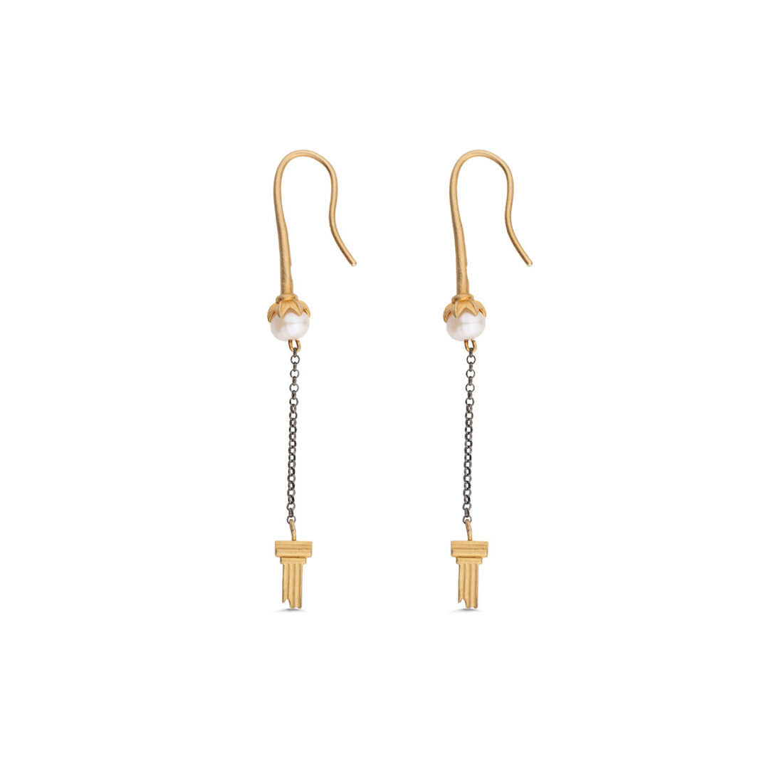 Sterling Silver Ionic Column Dangle Earrings with Pearl