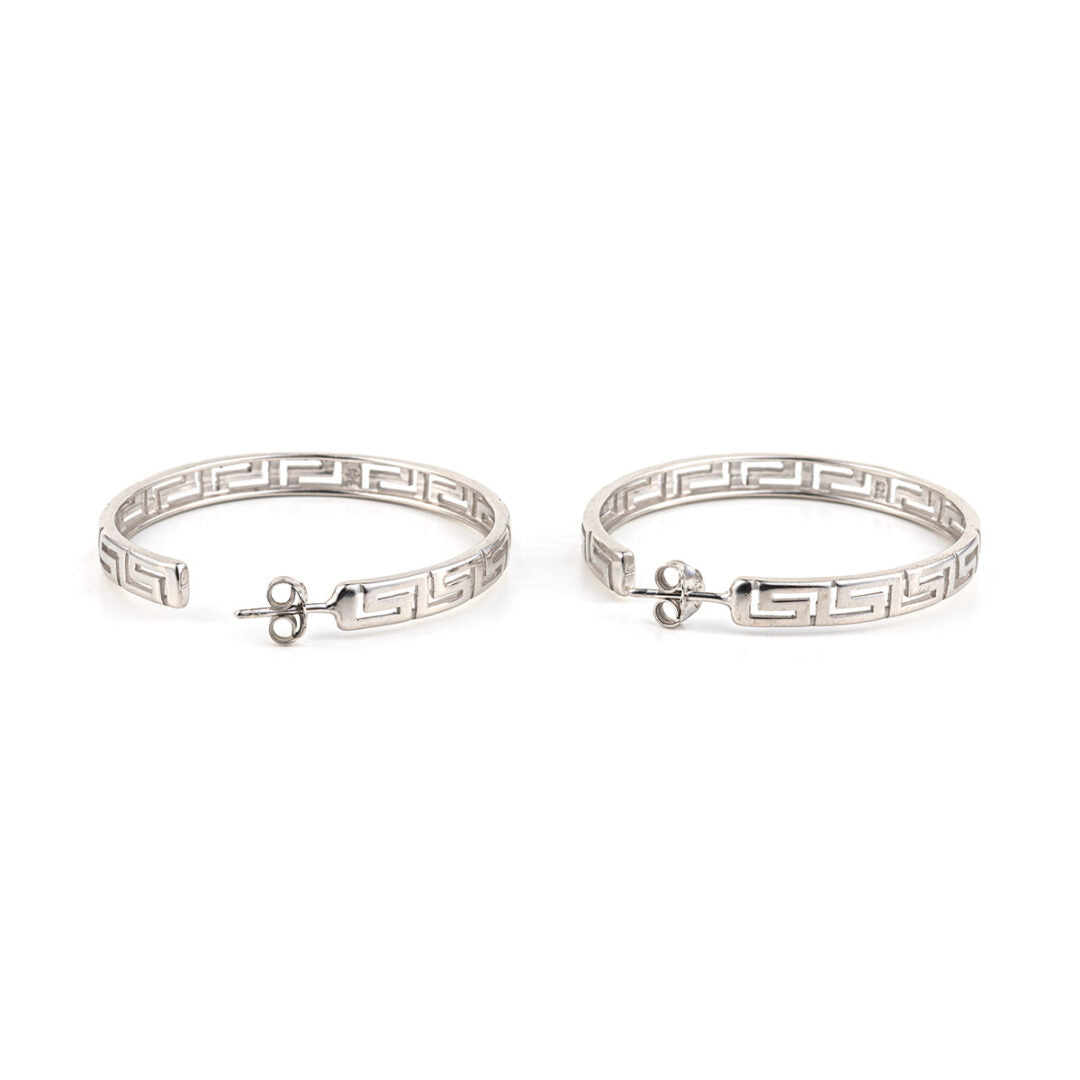 Sterling Silver Greek Key Hoops — Silver