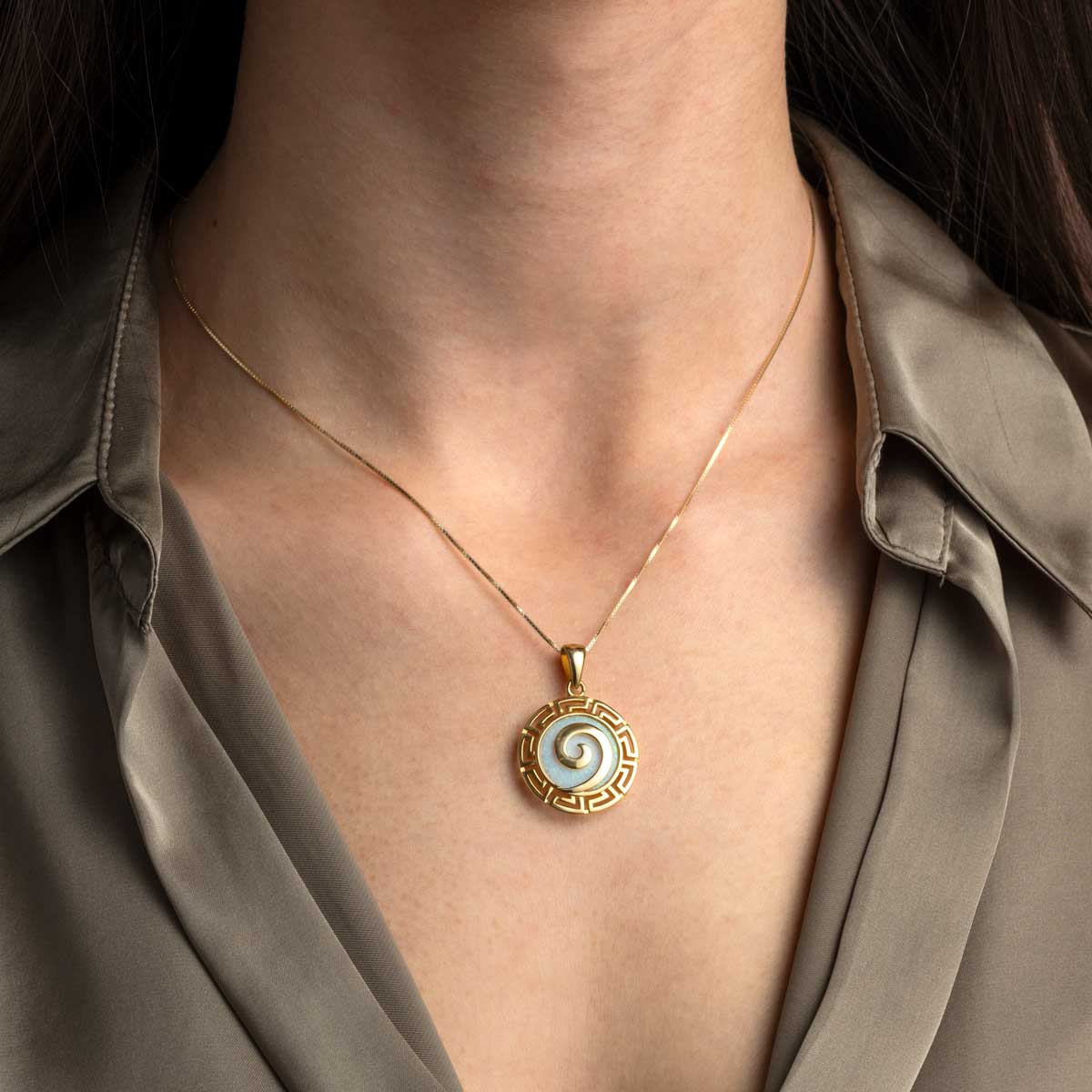 Spiral Greek Key Pendant 925 Sterling Silver Gold Plated with White Opal