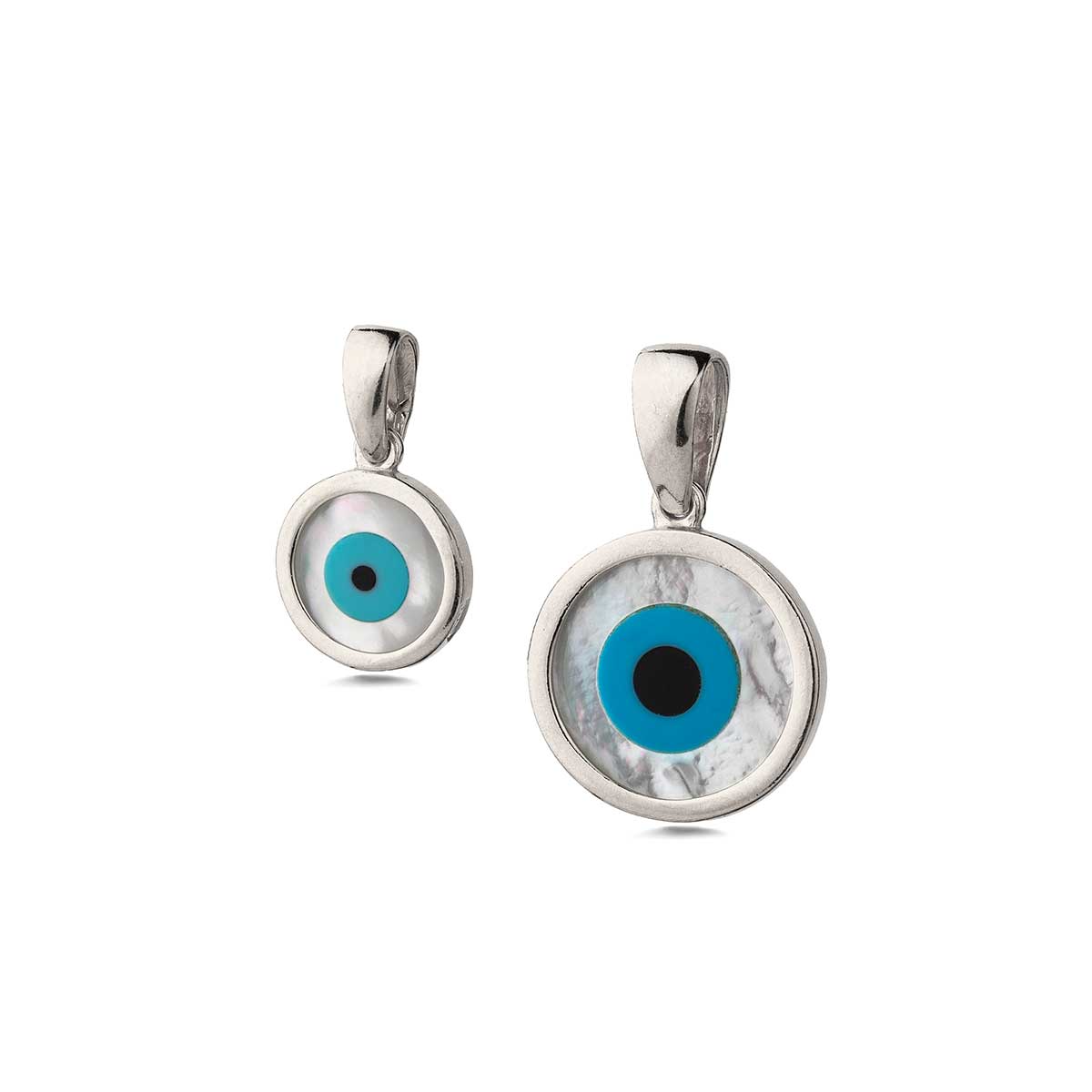 Mother of Pearl Round Evil Eye Pendant 925 Sterling Silver Charm