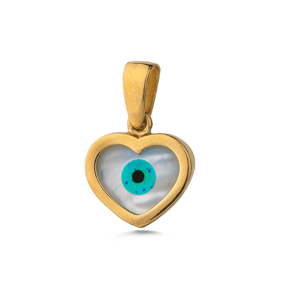 Mother of Pearl Heart Evil Eye Pendant 925 Sterling Silver Gold Plated
