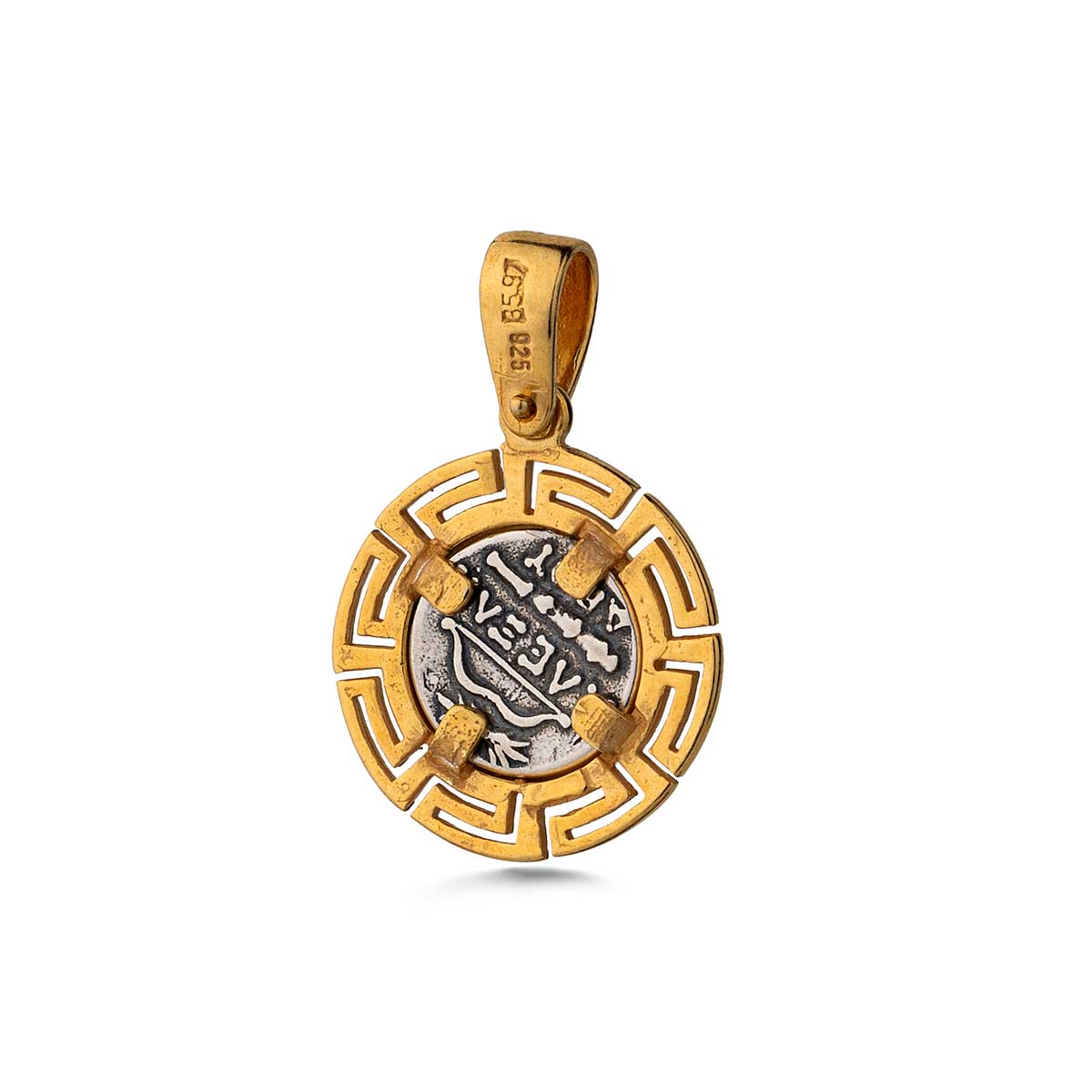 Vergina Sun Meander Pendant 925 Sterling Silver Gold Plated