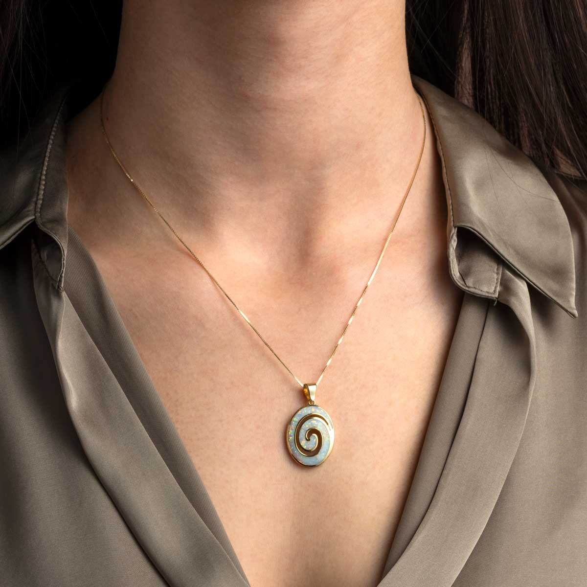 White Opal Spiral Oval Pendant 925 Sterling Silver Gold Plated