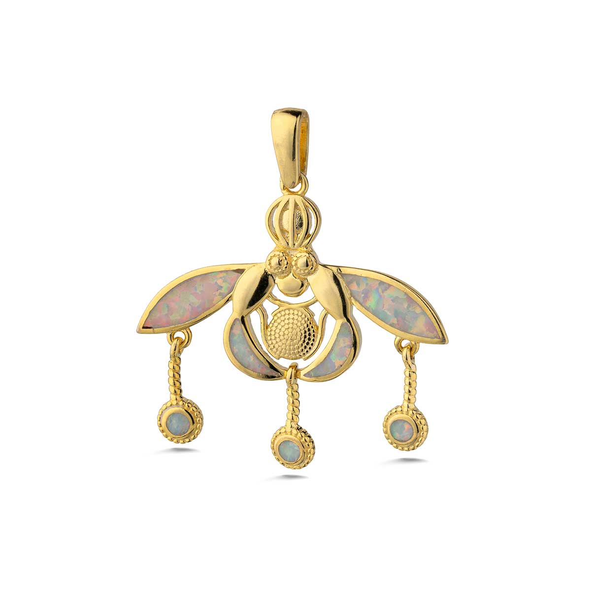 White Opal Minoan Bee Pendant 925 Sterling Silver Gold Plated