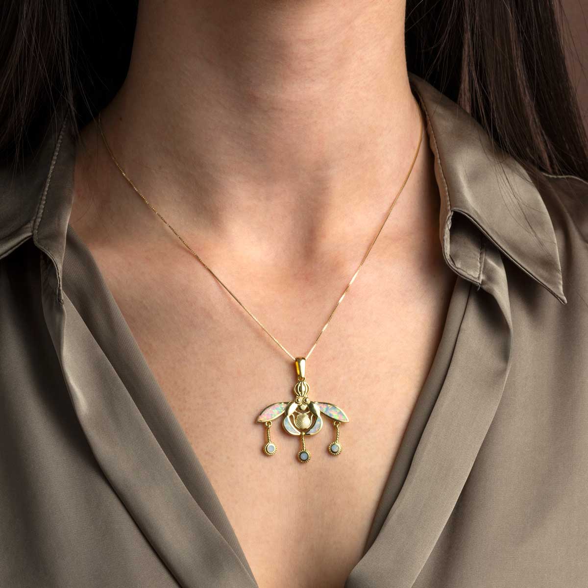 White Opal Minoan Bee Pendant 925 Sterling Silver Gold Plated