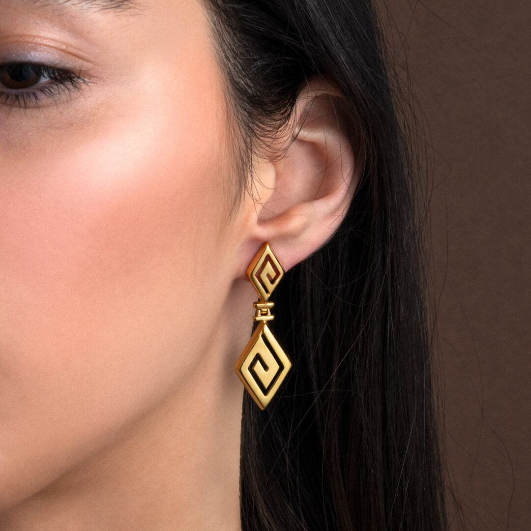 Meander Rhombus Drop Earrings - Sterling Silver 925 Gold Plated