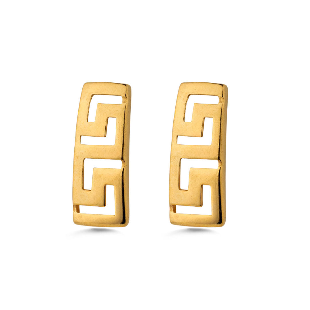 Greek Key Rectangle Stud Earrings - Sterling Silver 925 Gold Plated