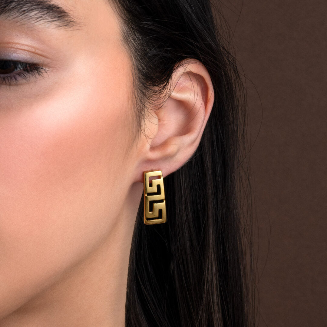 Greek Key Rectangle Stud Earrings - Sterling Silver 925 Gold Plated