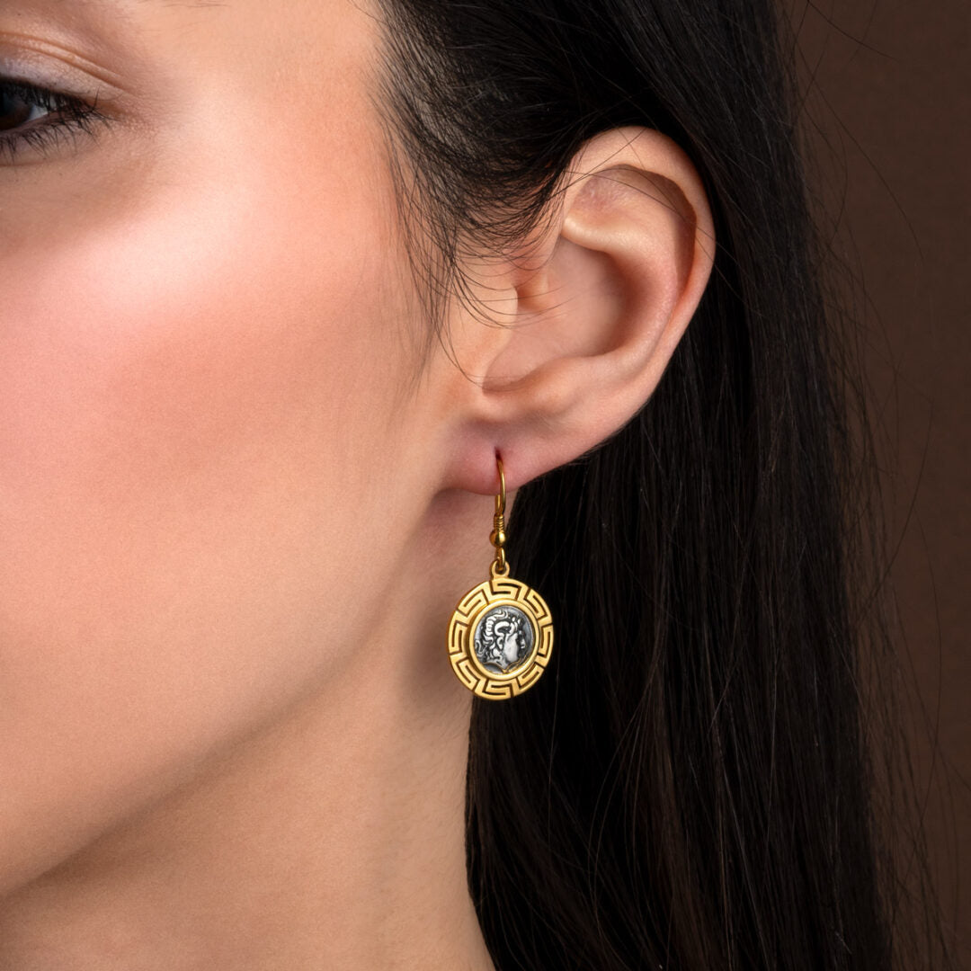 Alexander the Great Greek Key Dangle Earrings - Sterling Silver 925 Gold Plated