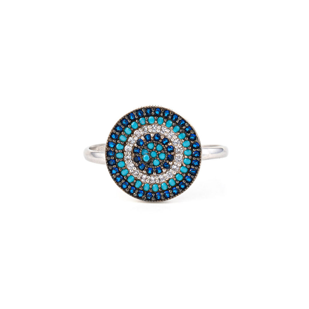 Sterling Silver Eye Ring with blue and white Zircons