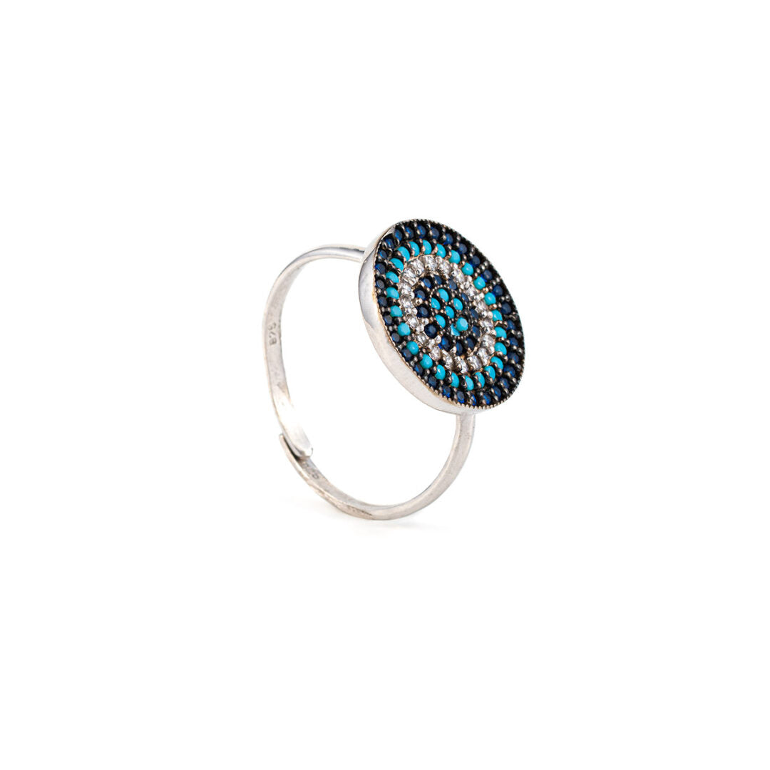 Sterling Silver Eye Ring with blue and white Zircons