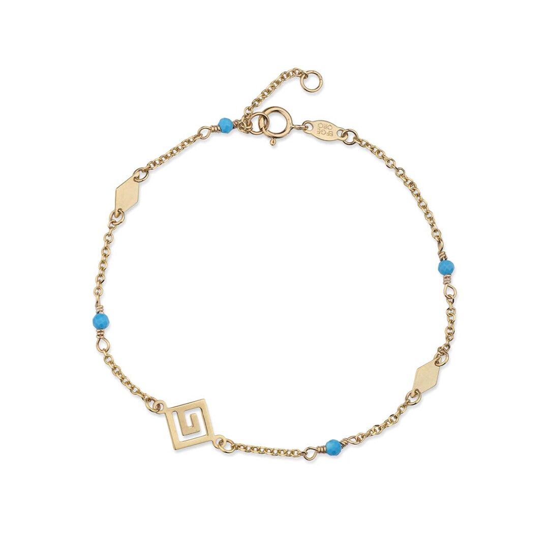 Meander Gold Chain Bracelet with Beads - 14k Gold