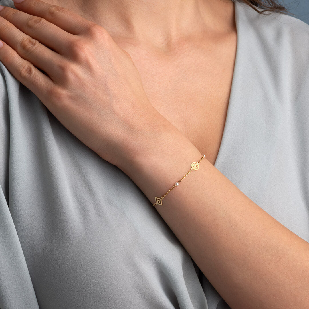 Spiral and Greek Key Gold Bracelet with Pearls - 14k Gold