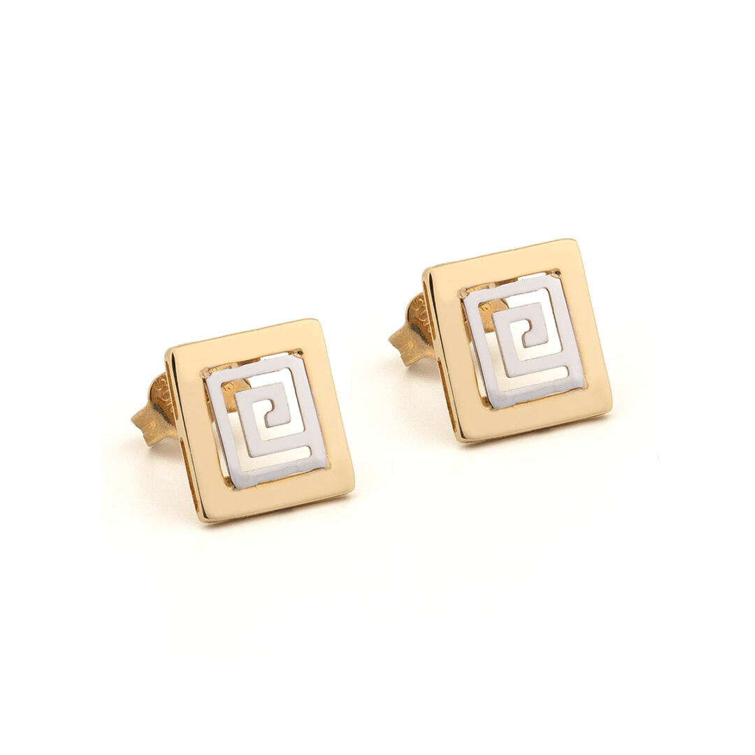 Greek Key Stud Gold Earrings - 14k