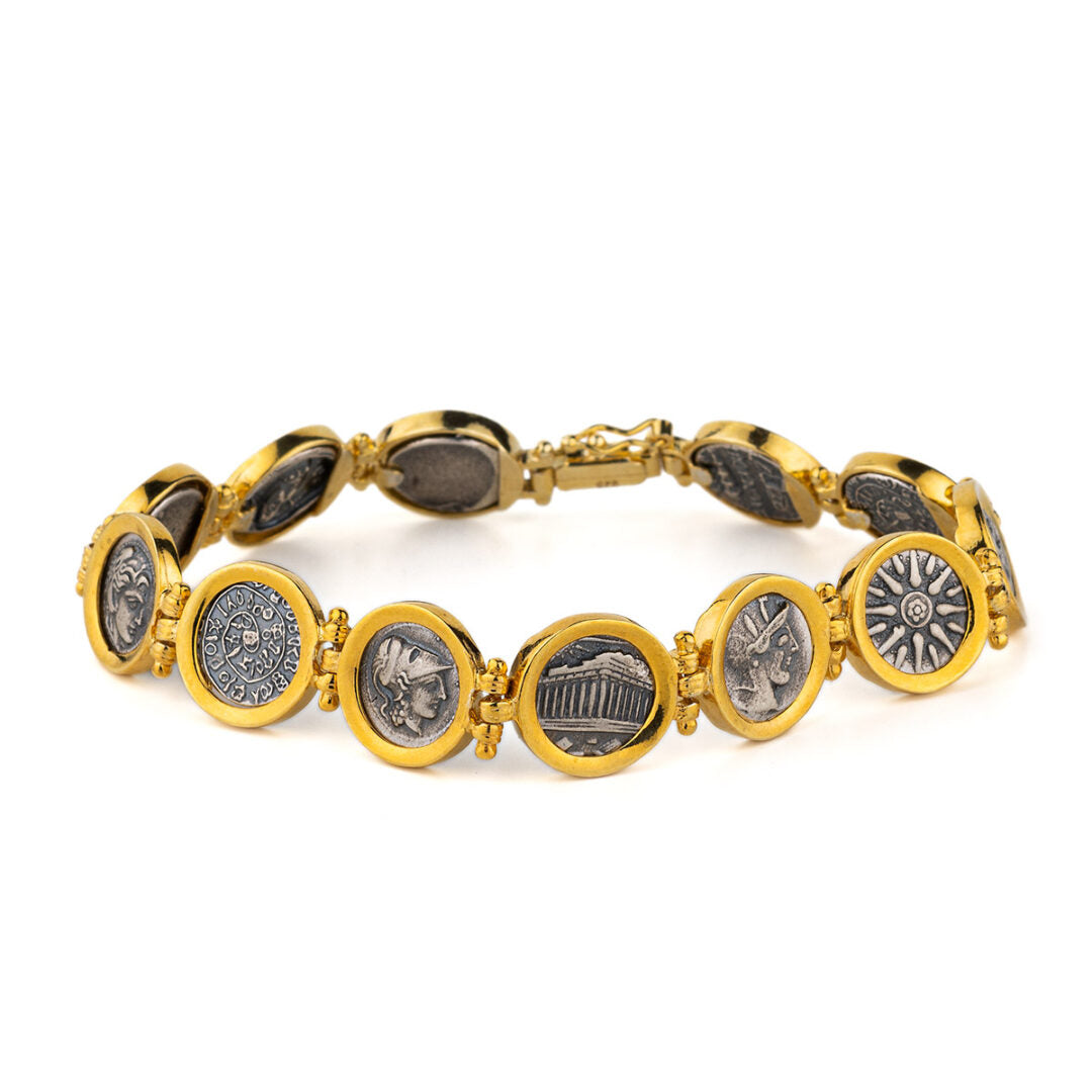 Ancient Greek Coin Link Bracelet – 925 Sterling Silver and Gold Plated