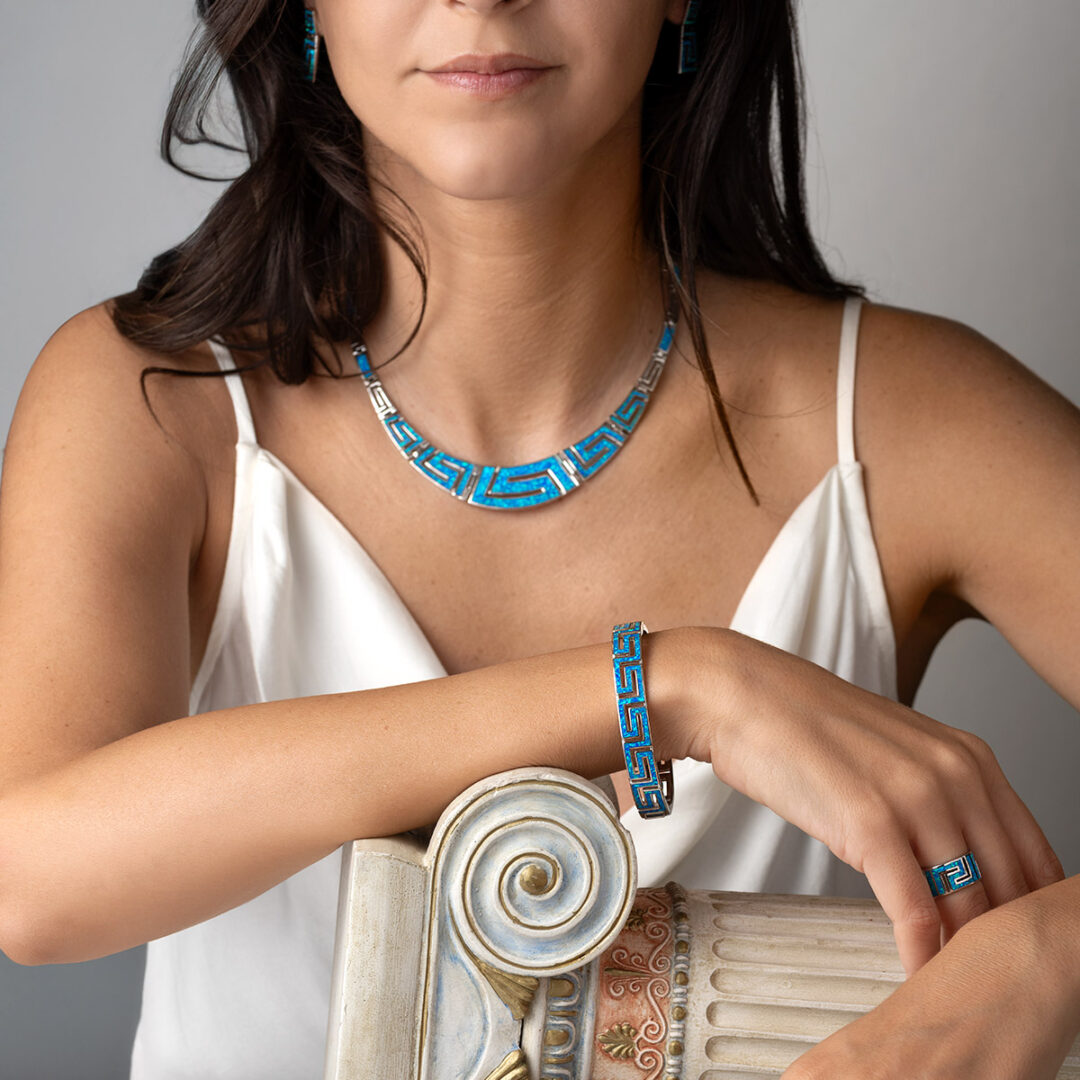 Greca Bangle Bracelet with Blue Opal stone - 925 Sterling Silver
