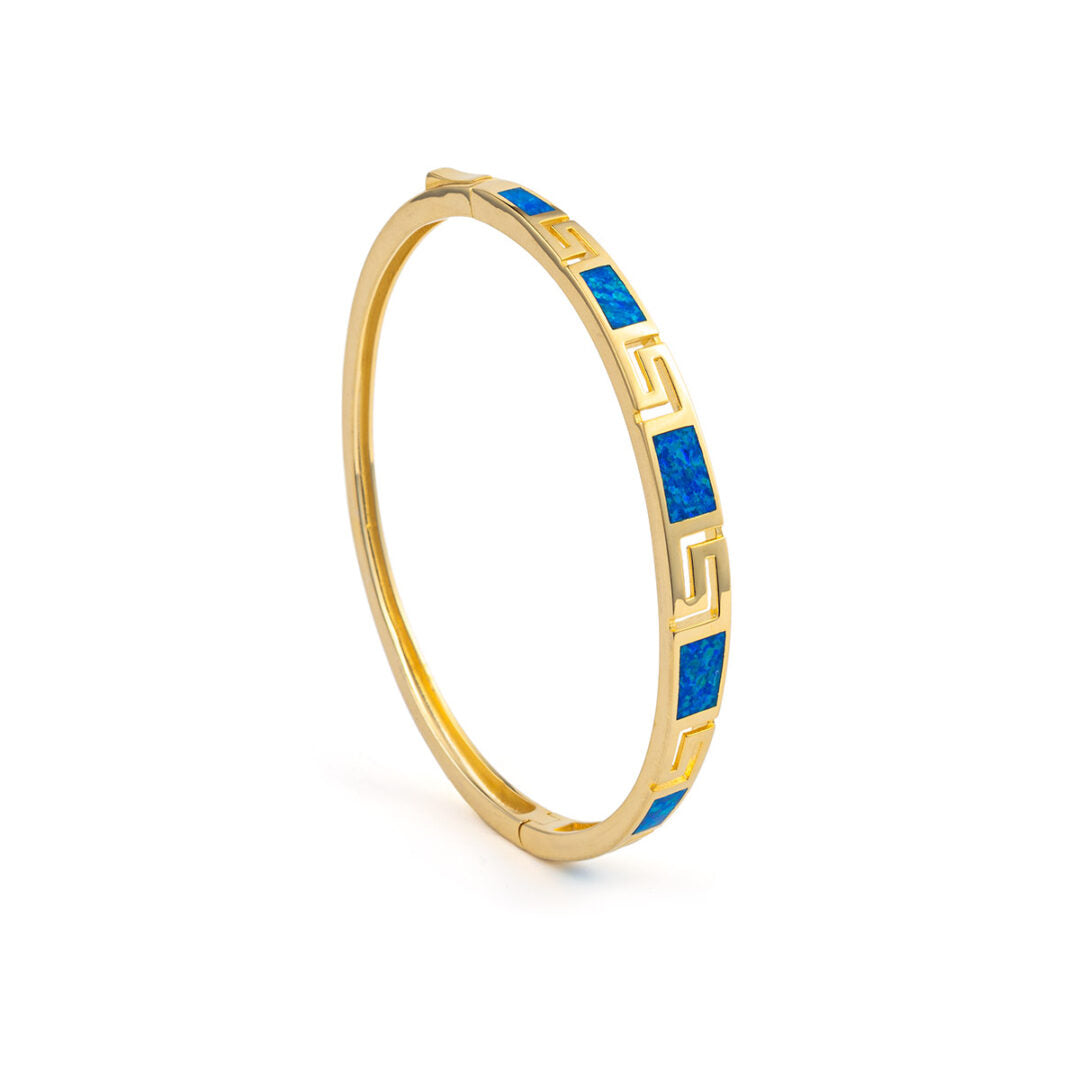 Greek Key Opal Bangle Bracelet – 925 Sterling Silver and Gold Plated