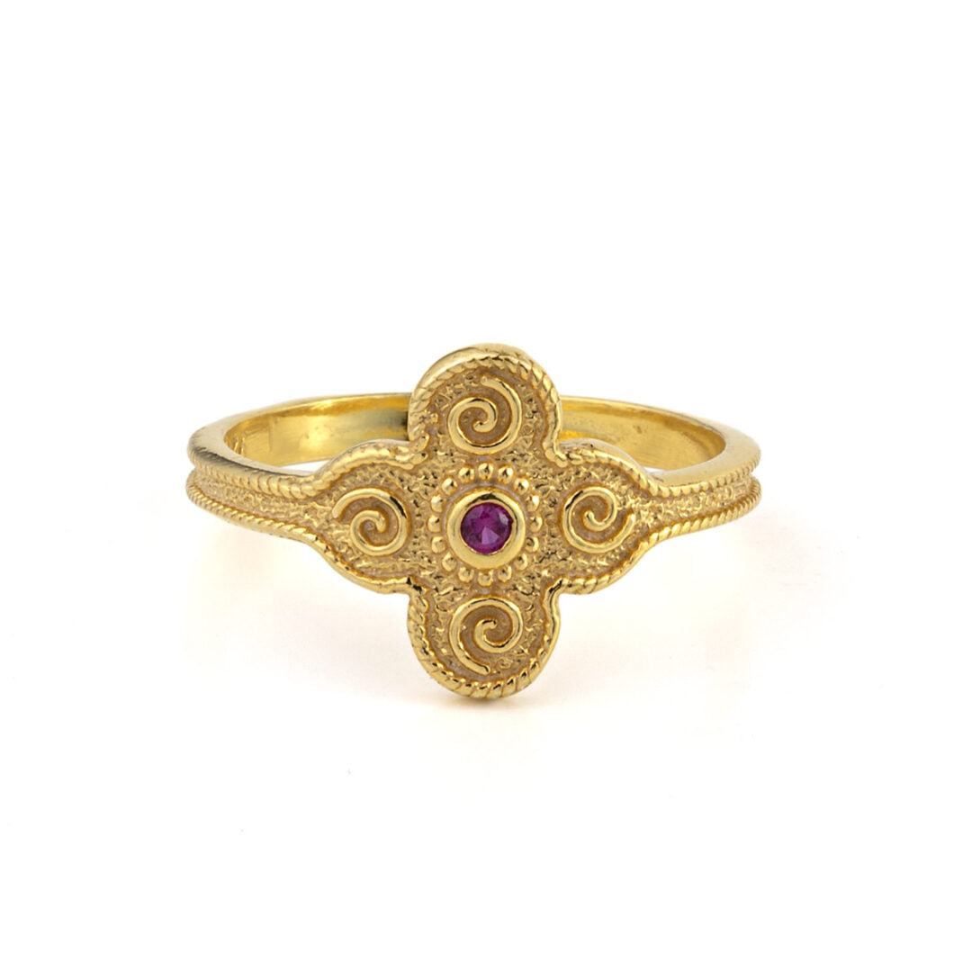 Byzantine Flower Ring with Stone - Gold Plated 925 Sterling Silver