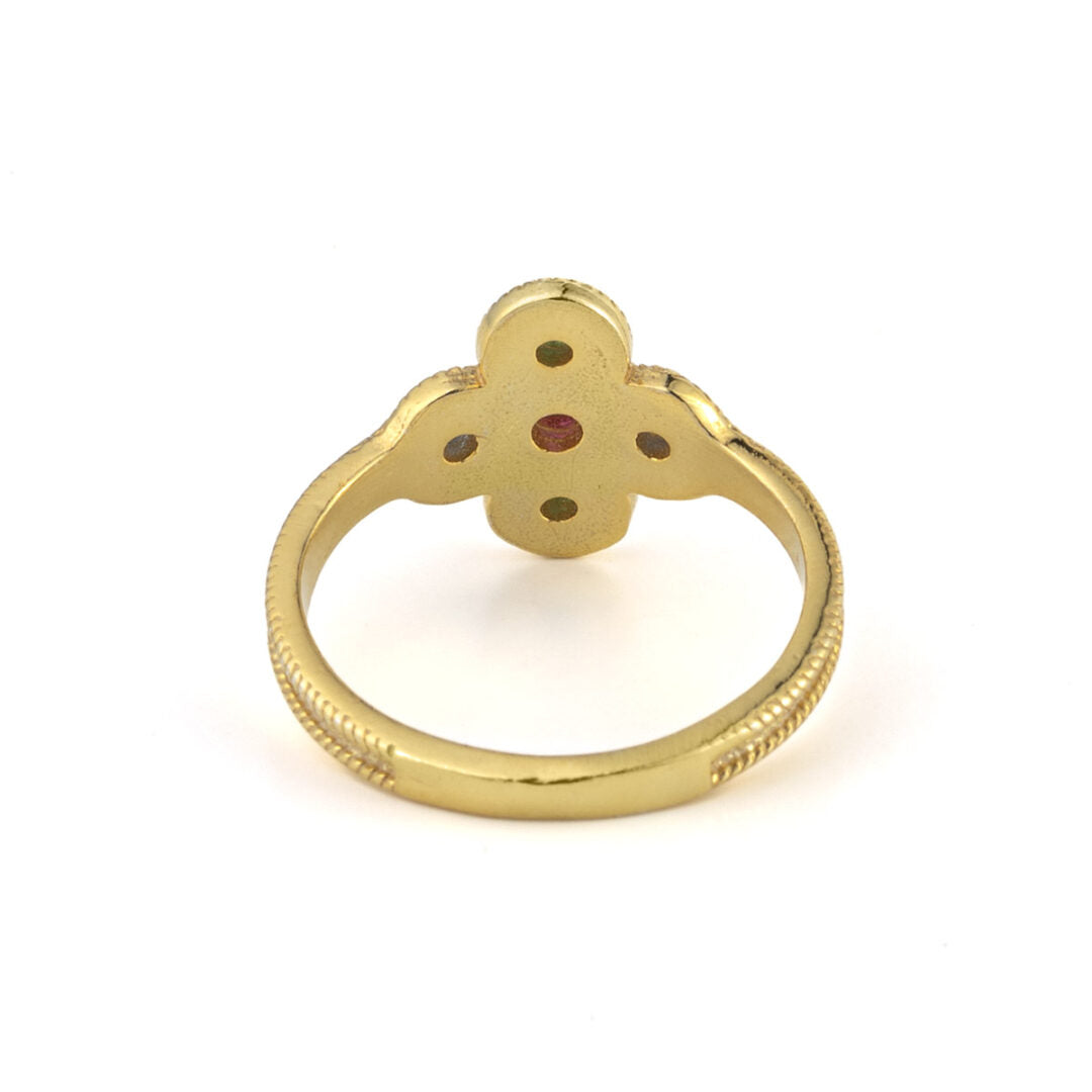 Byzantine Flower Ring with Stones - 925 Sterling Silver and Gold Plated