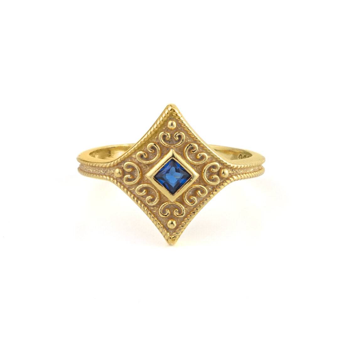 Byzantine Rhombus Ring with Stone - Gold Plated 925 Sterling Silver