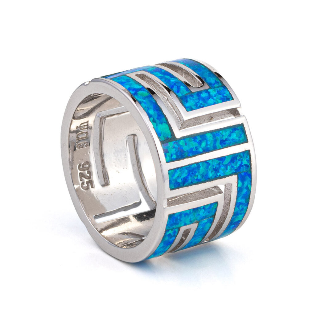 Greek Key Ring with Blue Opal – 925 Sterling Silver
