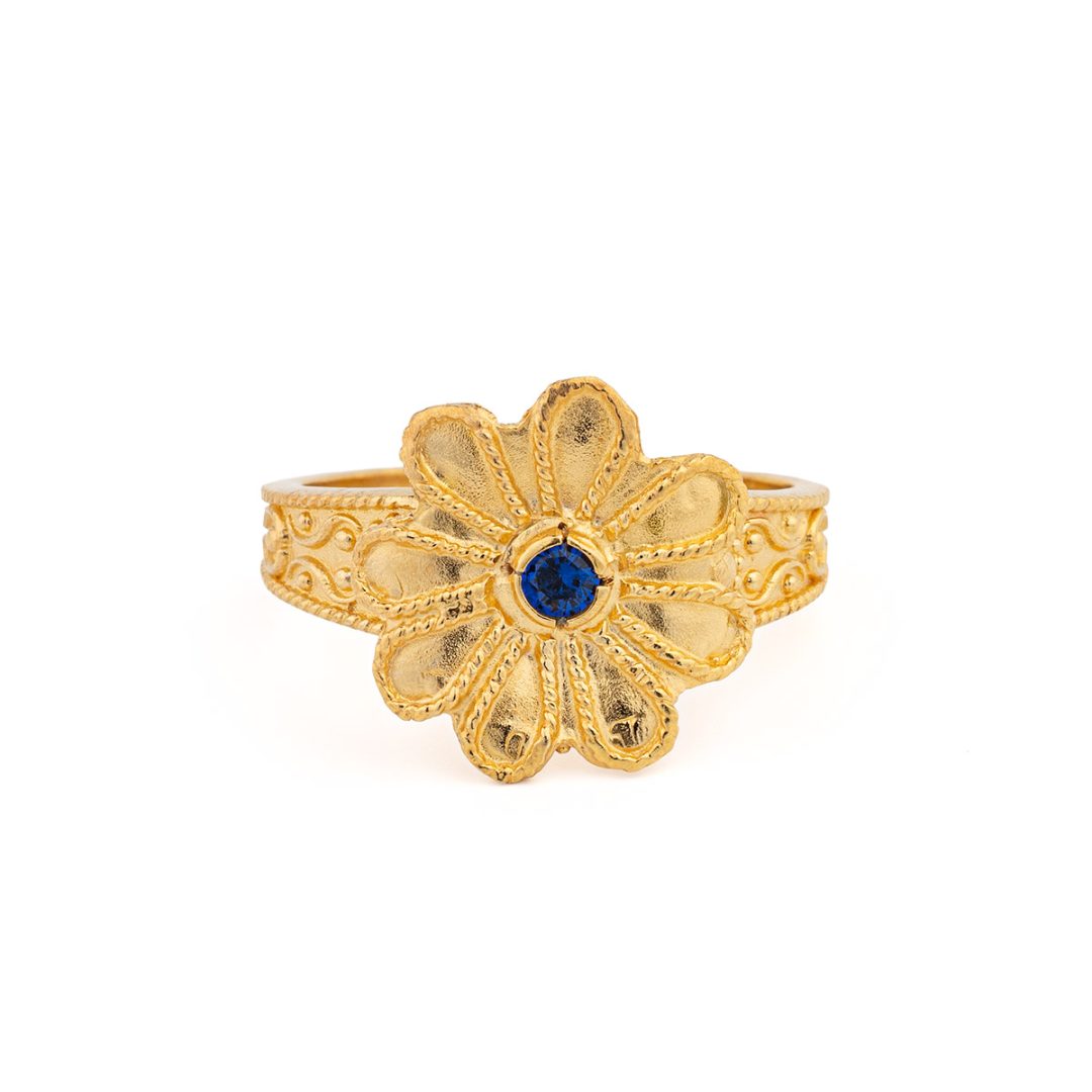 Byzantine Flower Ring in 925 Sterling Silver Gold-Plated with Zircon — Blue