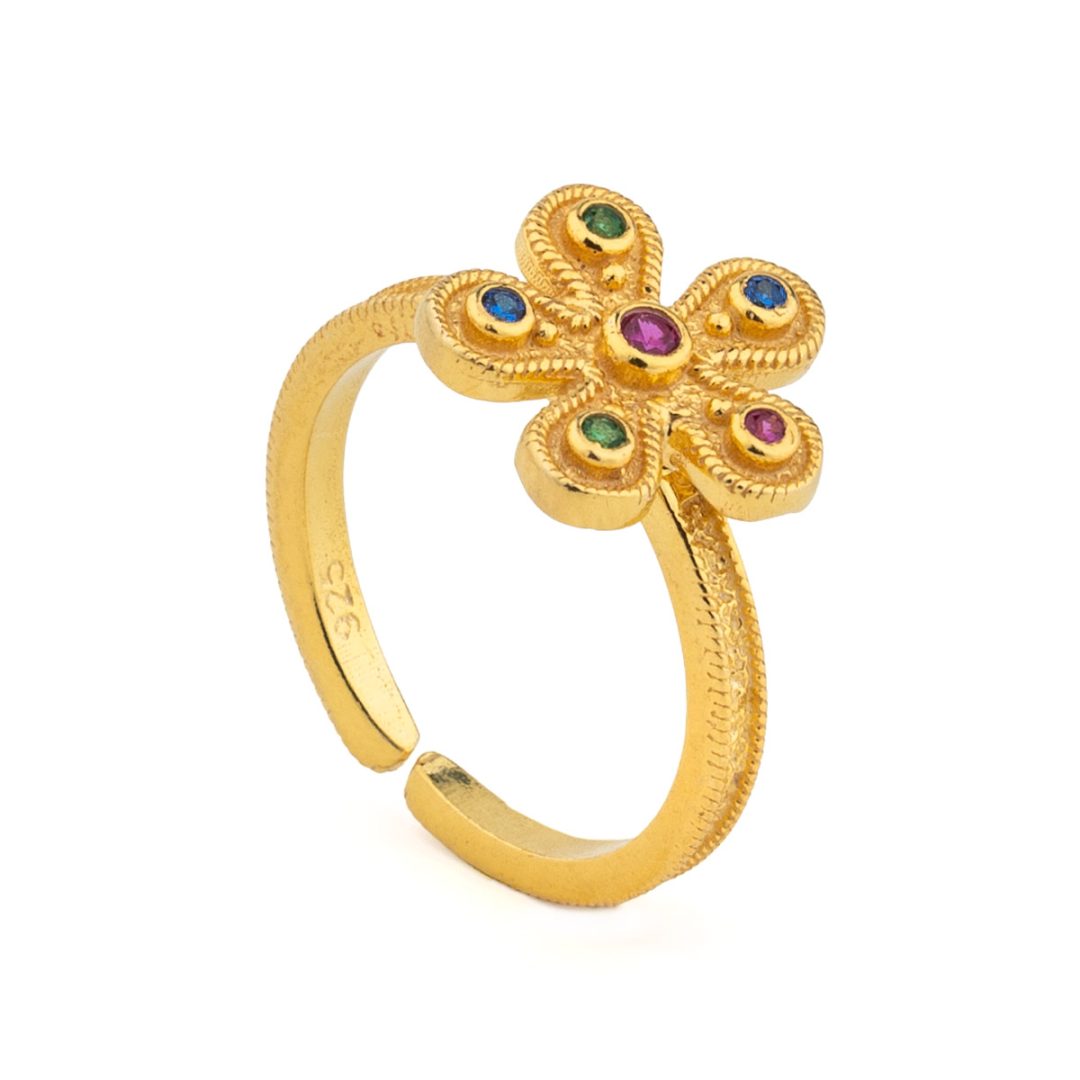 Byzantine Flower Ring in 925 Sterling Silver Gold-Plated with Multicolor Zircons