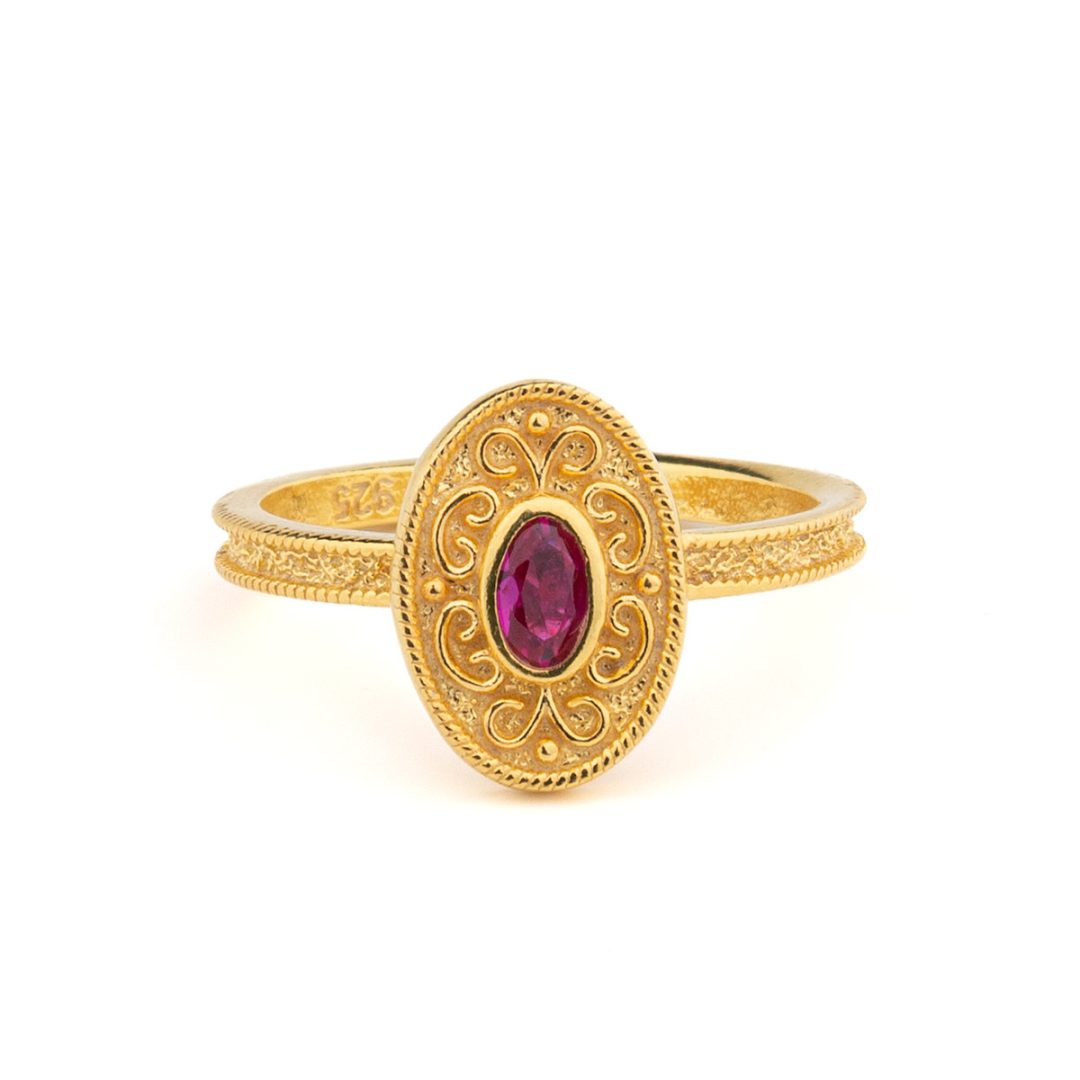 Byzantine Oval Ring in 925 Sterling Silver Gold-Plated with Oval Zircon — Red