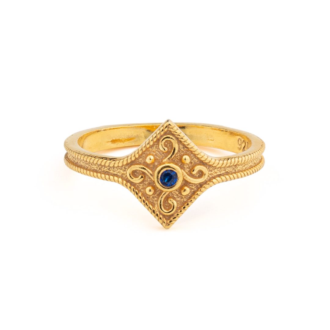 Byzantine Rhombus Ring in 925 Sterling Silver Gold-Plated with Zircon