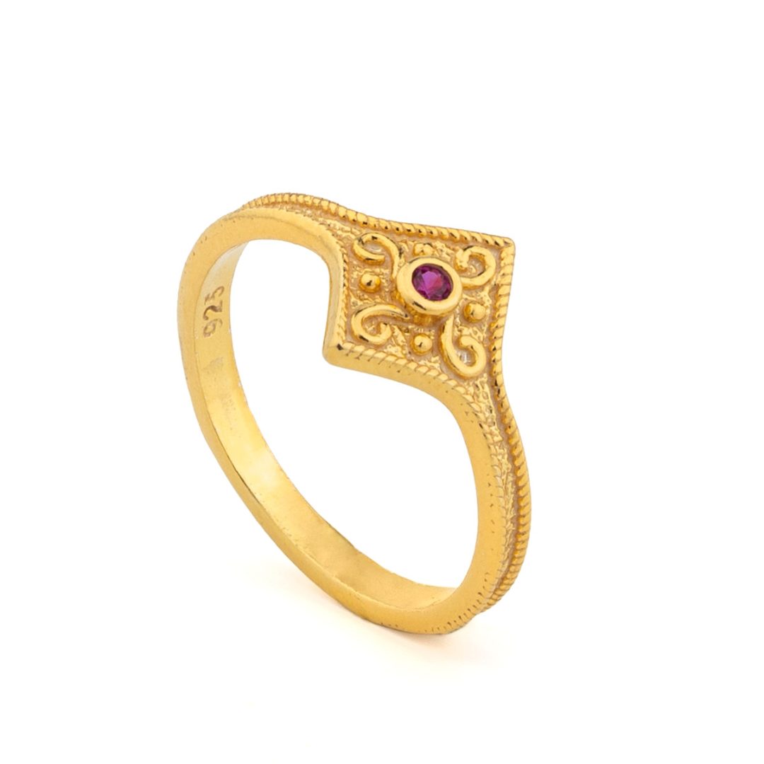 Byzantine Rhombus Ring in 925 Sterling Silver Gold-Plated with Zircon — Blue