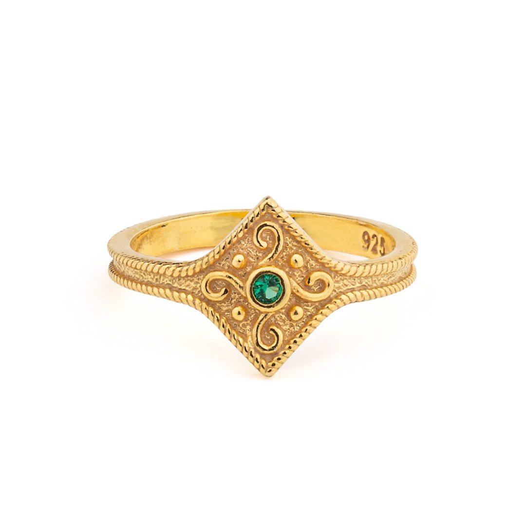 Byzantine Rhombus Ring in 925 Sterling Silver Gold-Plated with Zircon — Green