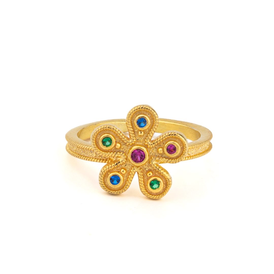 Byzantine Flower Ring in 925 Sterling Silver Gold Plated with Multicolor Zircons