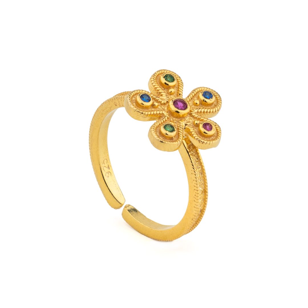 Byzantine Flower Ring in 925 Sterling Silver Gold Plated with Multicolor Zircons