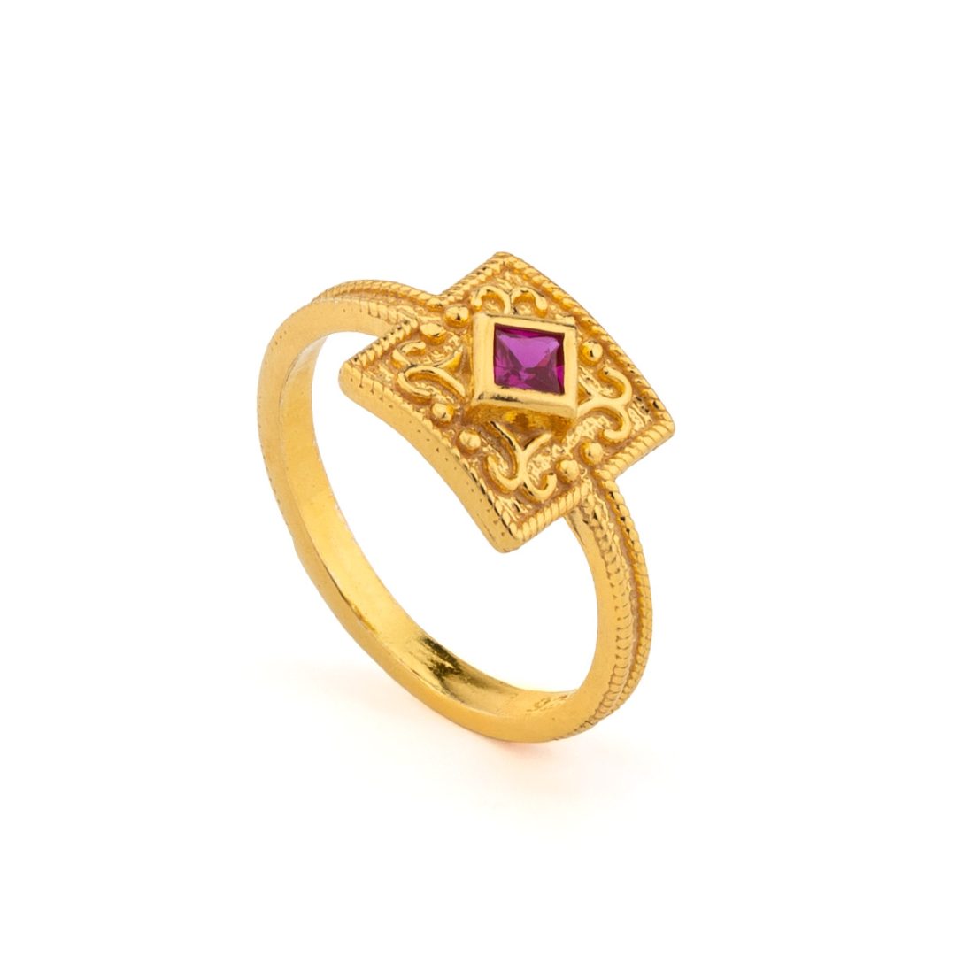 Byzantine Square Ring in 925 Sterling Silver Gold Plated with Zircon — Red
