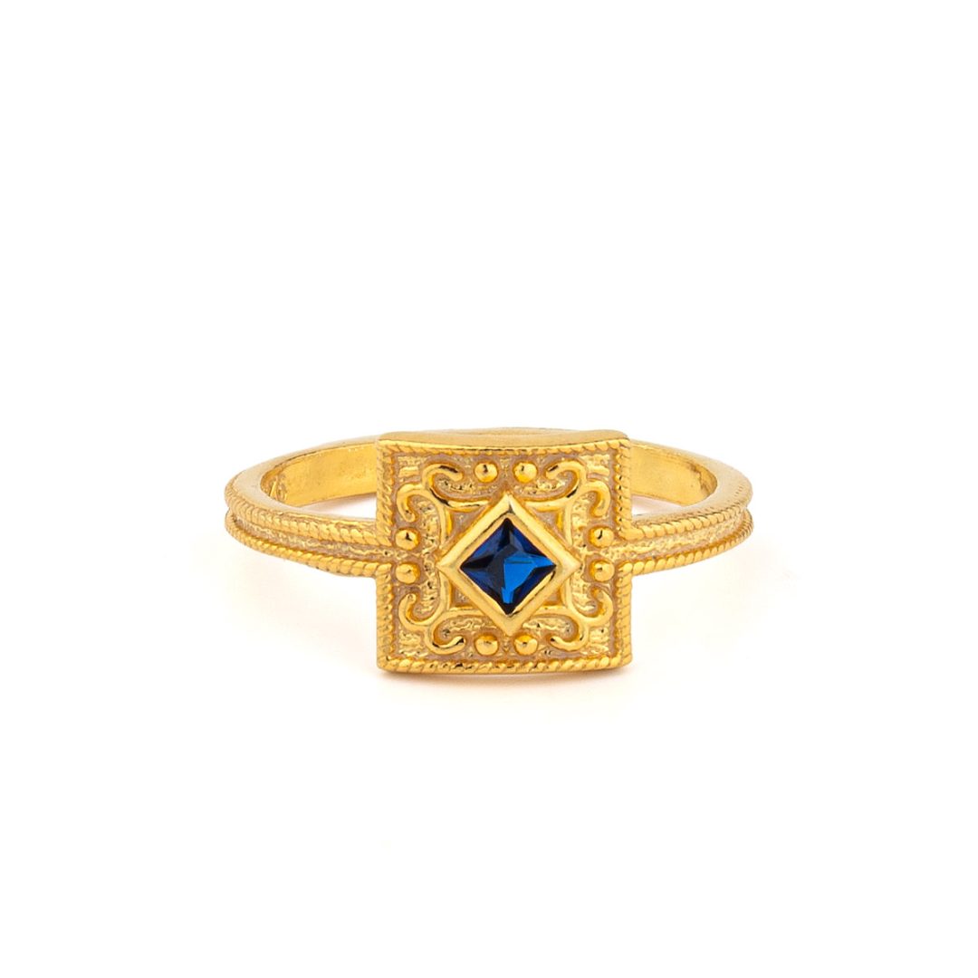 Byzantine Square Ring in 925 Sterling Silver Gold Plated with Zircon — Blue