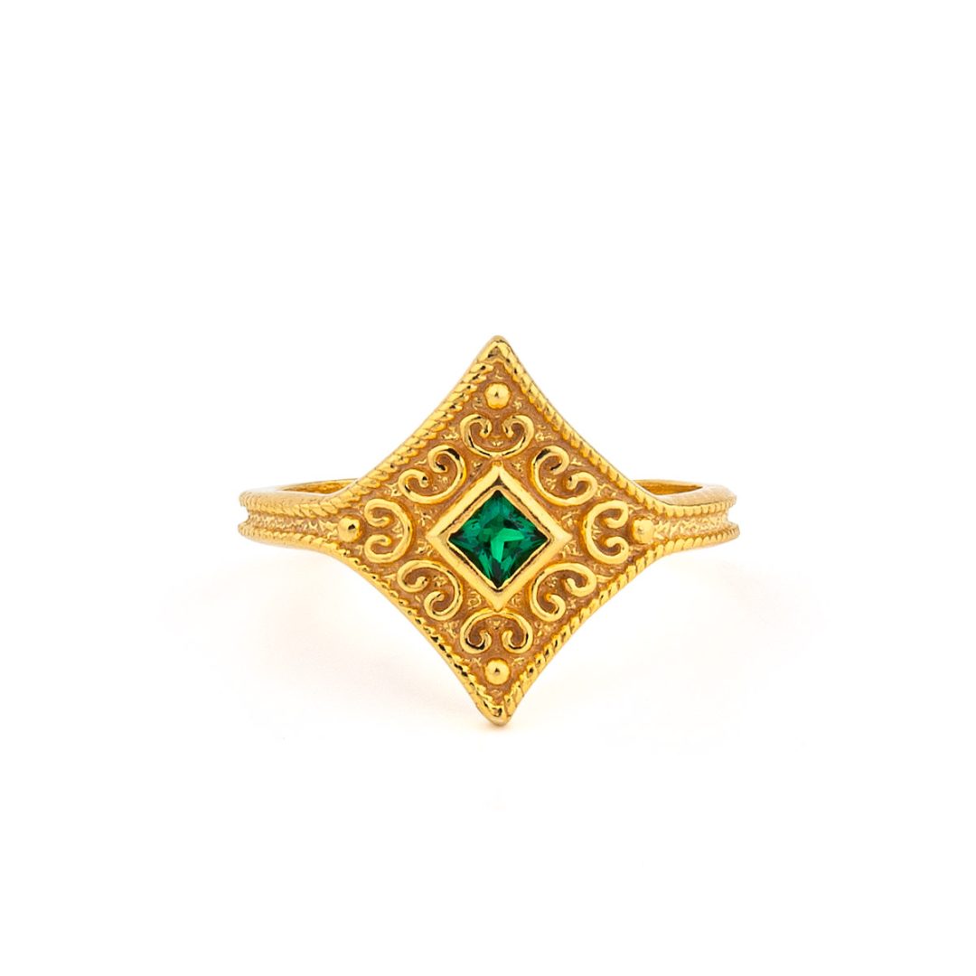 Byzantine Rhombus Ring in 925 Sterling Silver Gold-Plated with Zircon