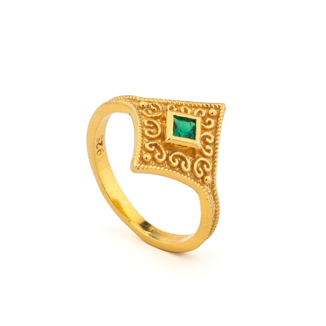 Byzantine Rhombus Ring in 925 Sterling Silver Gold-Plated with Zircon — Blue
