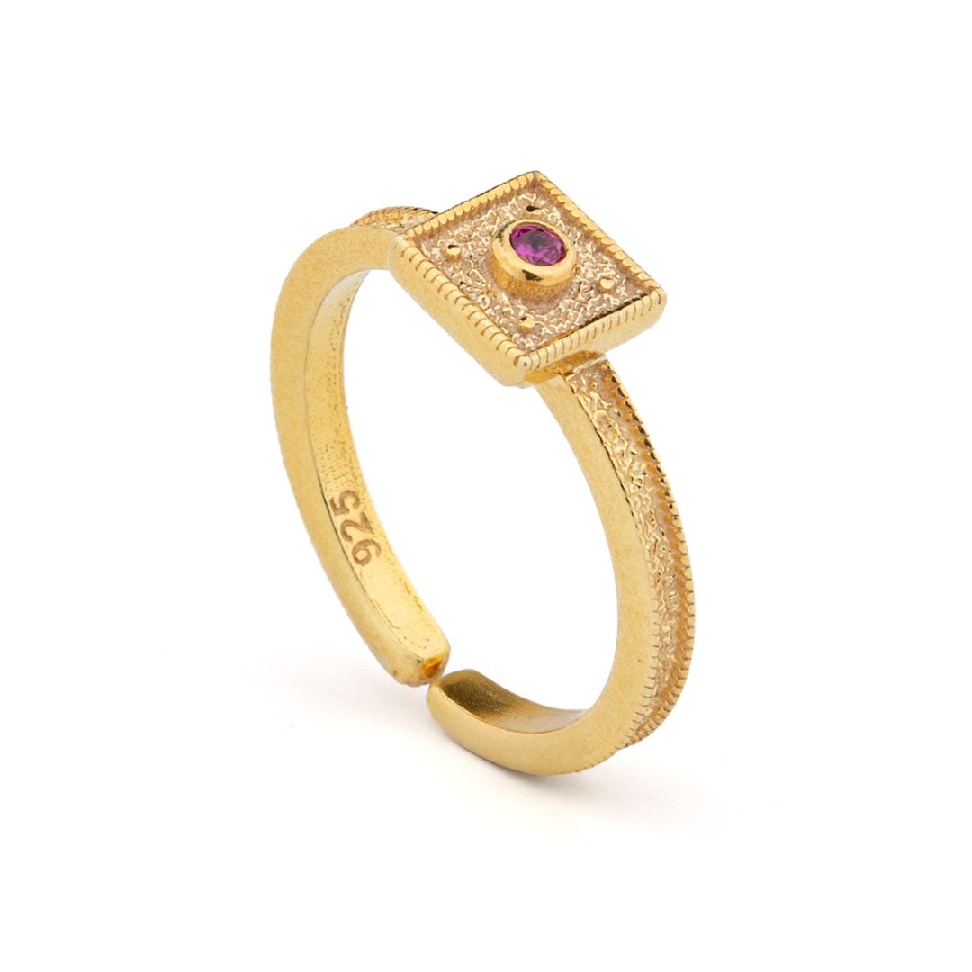 Byzantine Square Ring in 925 Sterling Silver Gold Plated with Round Zircon — Red