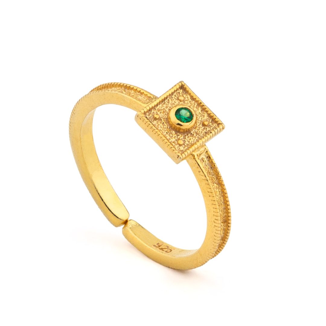 Byzantine Square Ring in 925 Sterling Silver Gold Plated with Round Zircon — Red