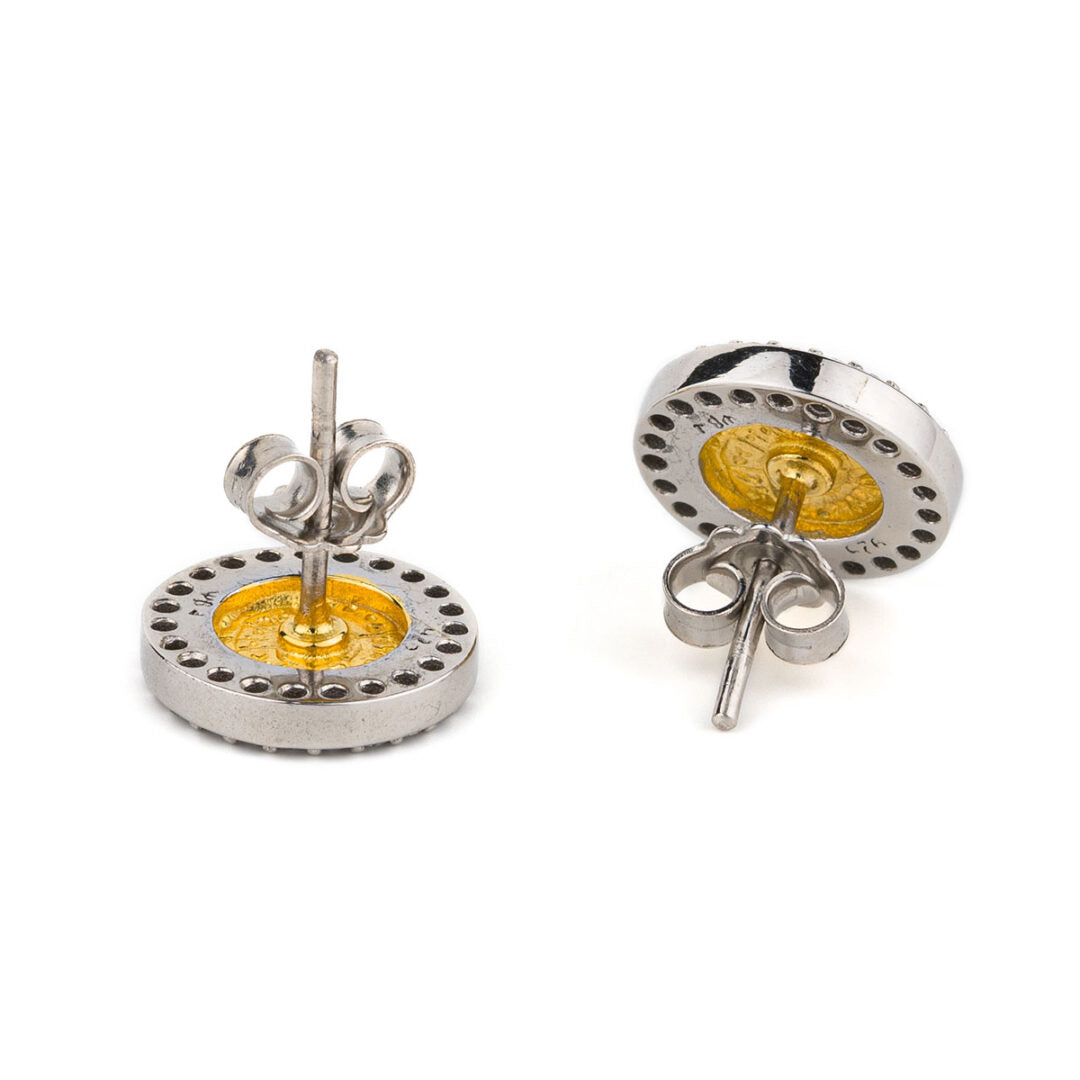 Phaistos Disk Stud Zircon Earrings - 925 Sterling Silver Gold Plated
