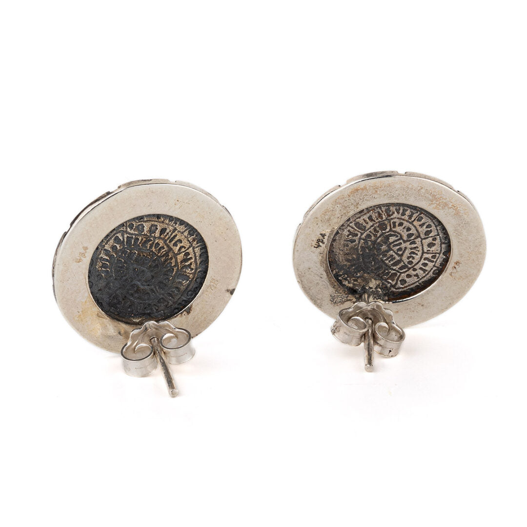Phaistos Disc Stud Earrings with Meander - 925 Sterling Silver