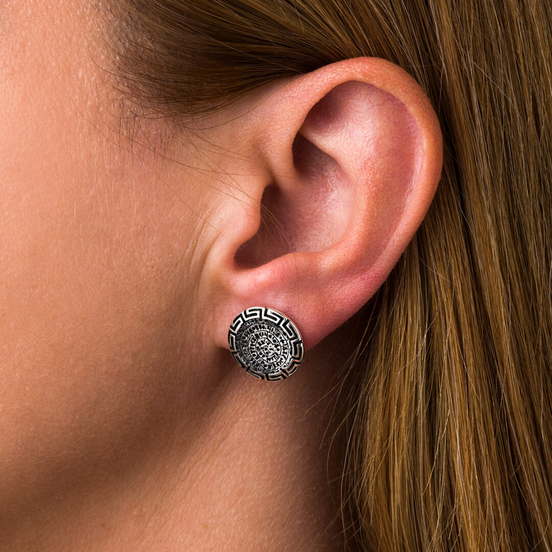 Phaistos Disc Stud Earrings with Meander - 925 Sterling Silver