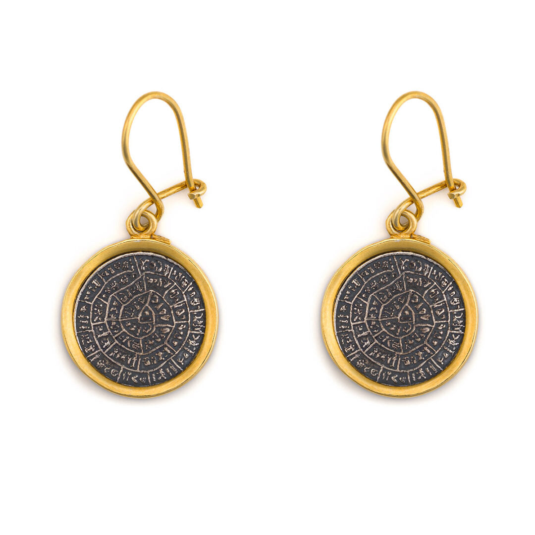 Phaistos Disc Dangle Earrings – Sterling Silver and Gold Plated