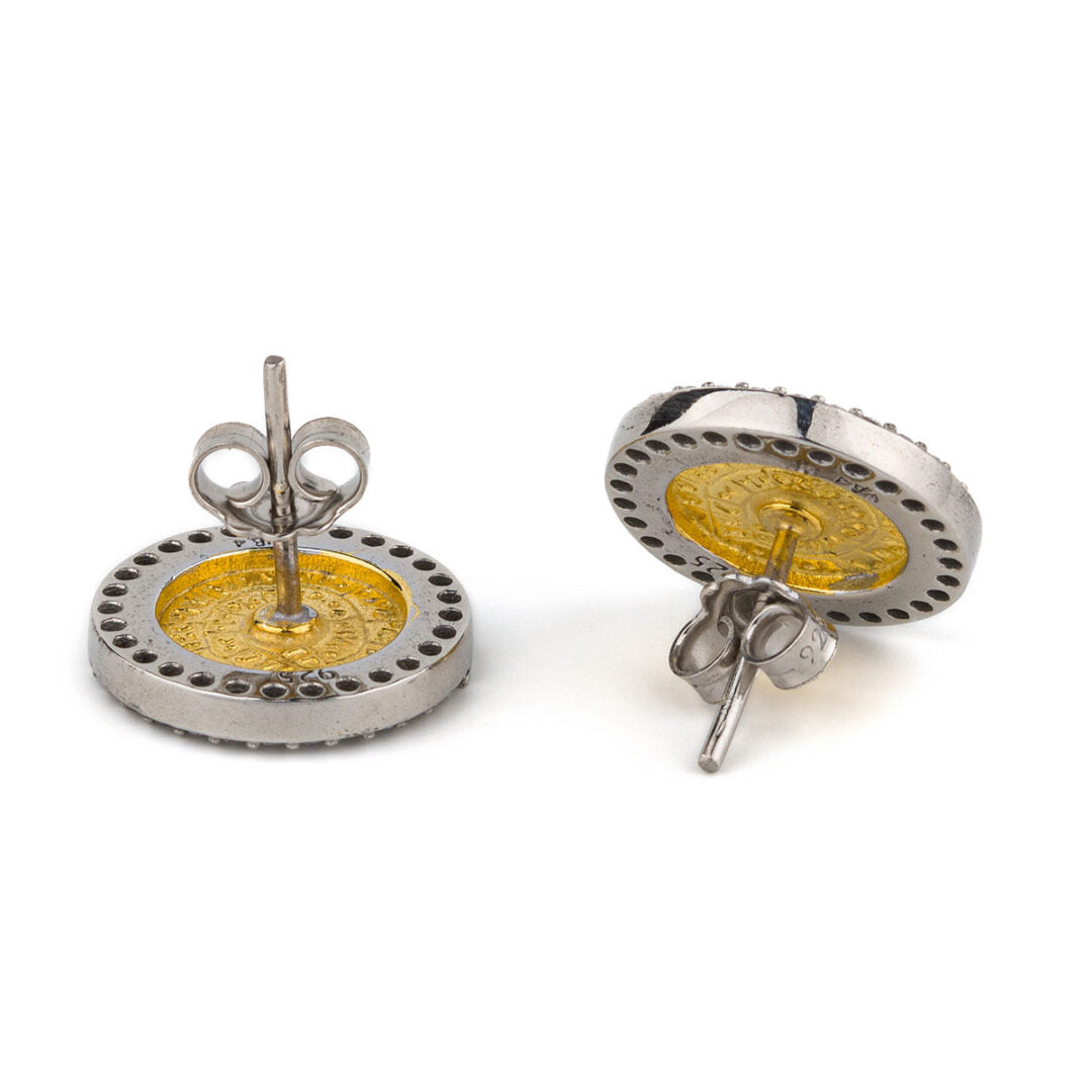 Phaistos Disk Stud Zircon Earrings - 925 Sterling Silver Gold Plated