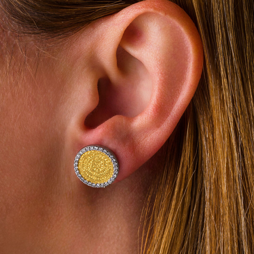 Phaistos Disk Stud Zircon Earrings - 925 Sterling Silver Gold Plated